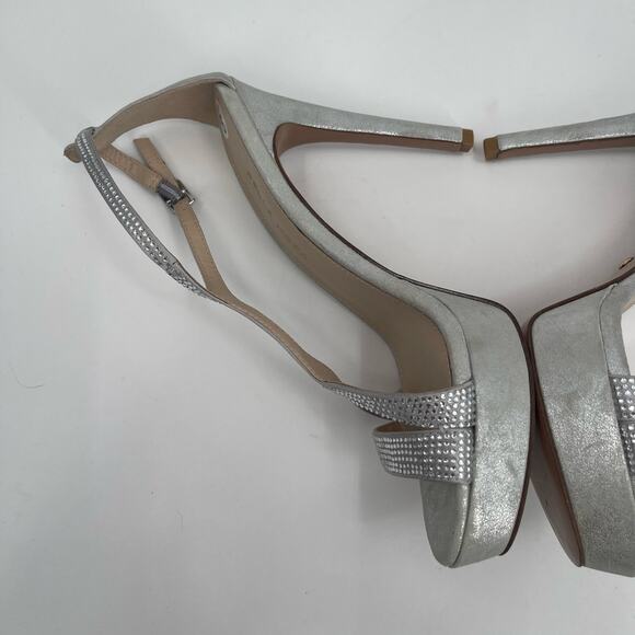 PELLE MODA Heels Size 8 Onora Platform Silver Rhinestone Crystals Strappy Ankle - Picture 3 of 15